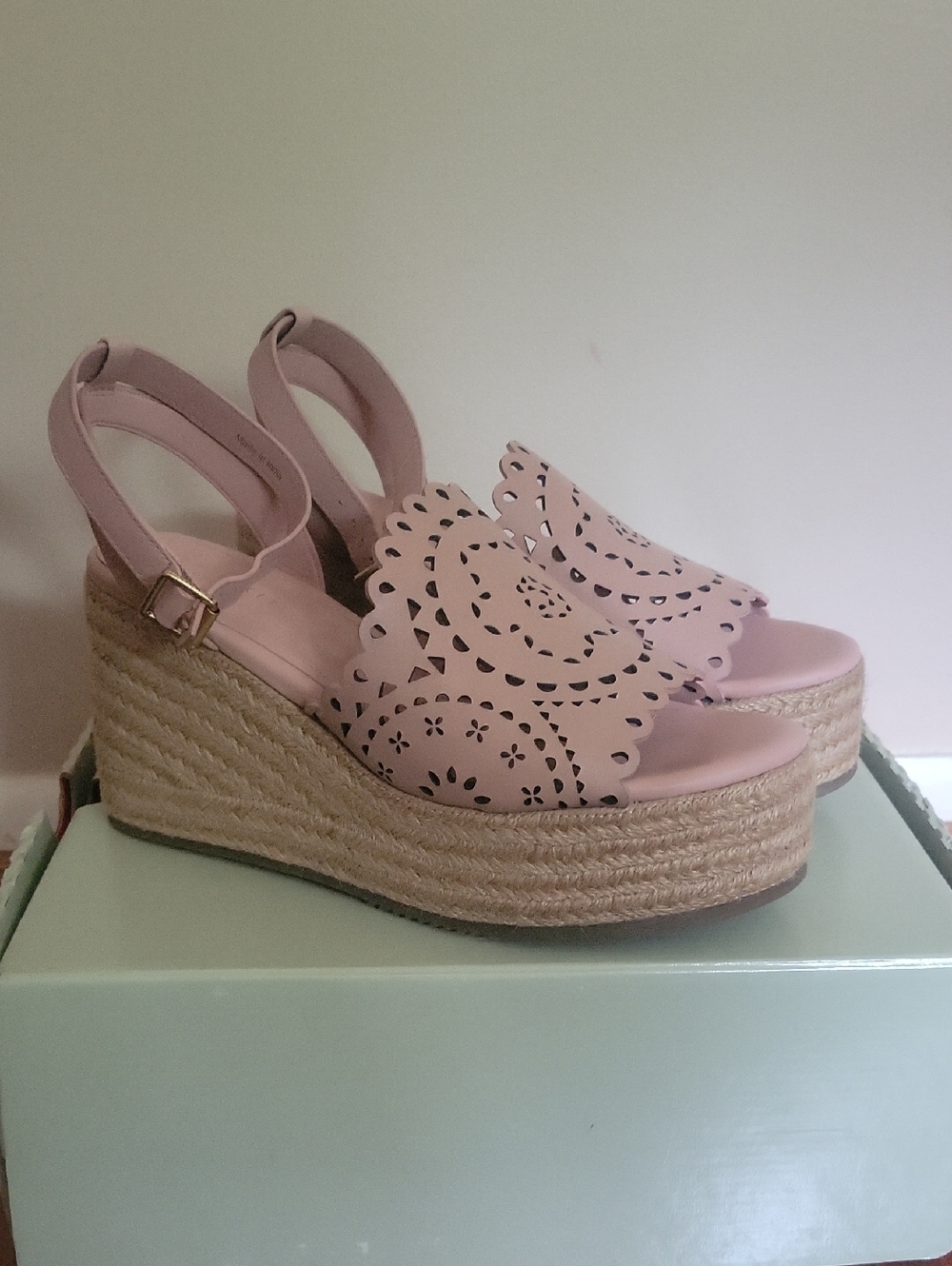 New Ted Baker, Leather Pinky Pink Laser-Cut Wedge Espadrille Sandals, Size EU 38